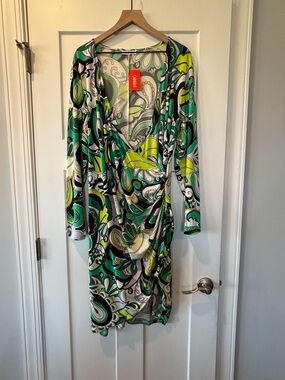 NWT Intempo Women’s Plus Faux Wrap Bright Green Yellow Dress Retro Vibes 3X